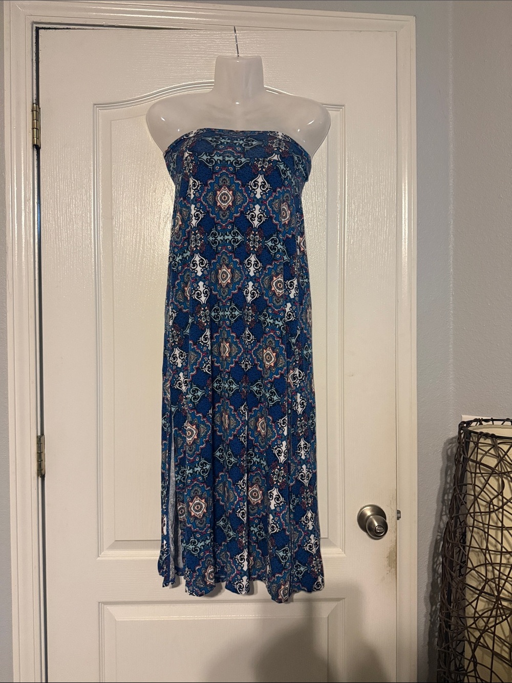 Charlotte Russe Blue Strapless Maxi Dress with Geometric Medallion Print